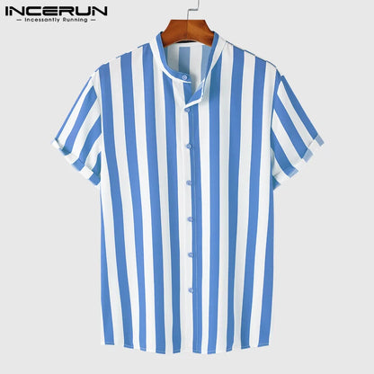 2023 Men Striped Shirt Brand Stand Collar Streetwear Short Sleeve Button Casual Camisa Hombre Leisure Fashion Tops INCERUN S-5XL