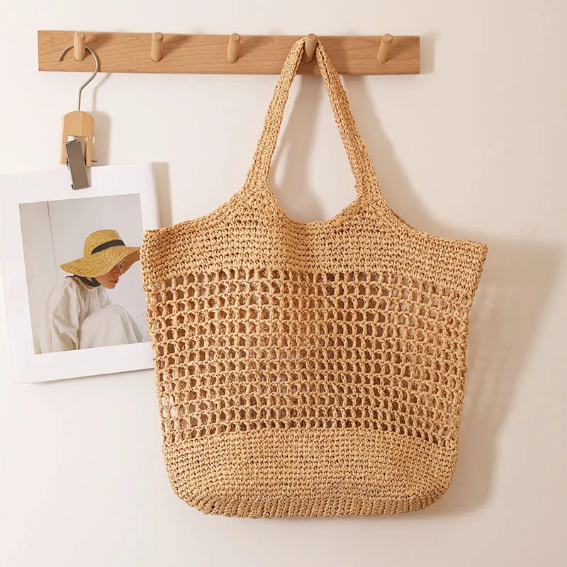 Bolso de mano informal de paja hueca de gran capacidad, tejido a mano, para mujer, bolsos de hombro grandes para playa de verano, bolsos tipo shopper Bali