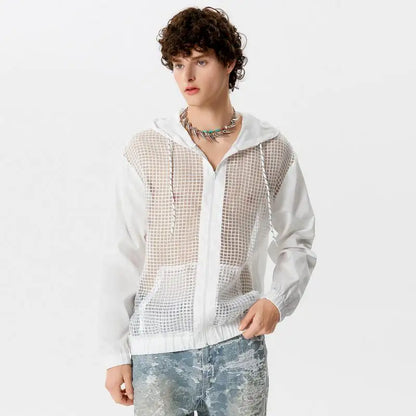 2024 Camisa de hombre de malla de retazos transparente con capucha, cuello en V, cremallera, manga larga, ropa de calle para hombre, camisas de moda sueltas INCERUN