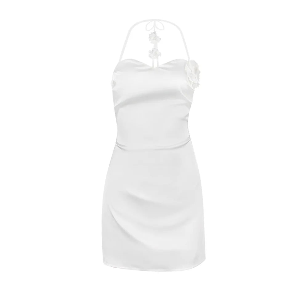 Suninheart Summer White Appliques Party Dress Mini A Line Satin Halter Dress Sexy Strechy Women Dress 2023 New Arrivals