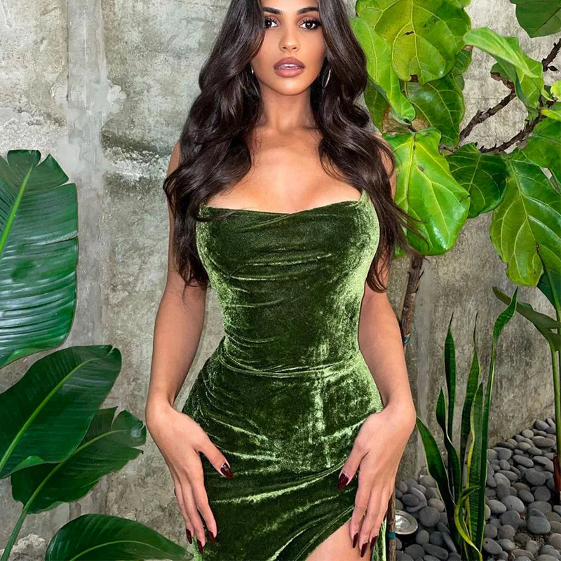 Dulzura - Vestido largo con cordones y tirantes de terciopelo verde para mujer, con abertura lateral, espalda descubierta, ajustado, sexy, para fiesta de graduación, elegante, para fiesta de cumpleaños