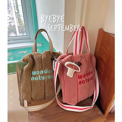 New Korean Fashion Tote Bag Women Letter Embroidery Imitation Lambhair Crossbody Bags Ladies Handbags and Purses Girls Bags