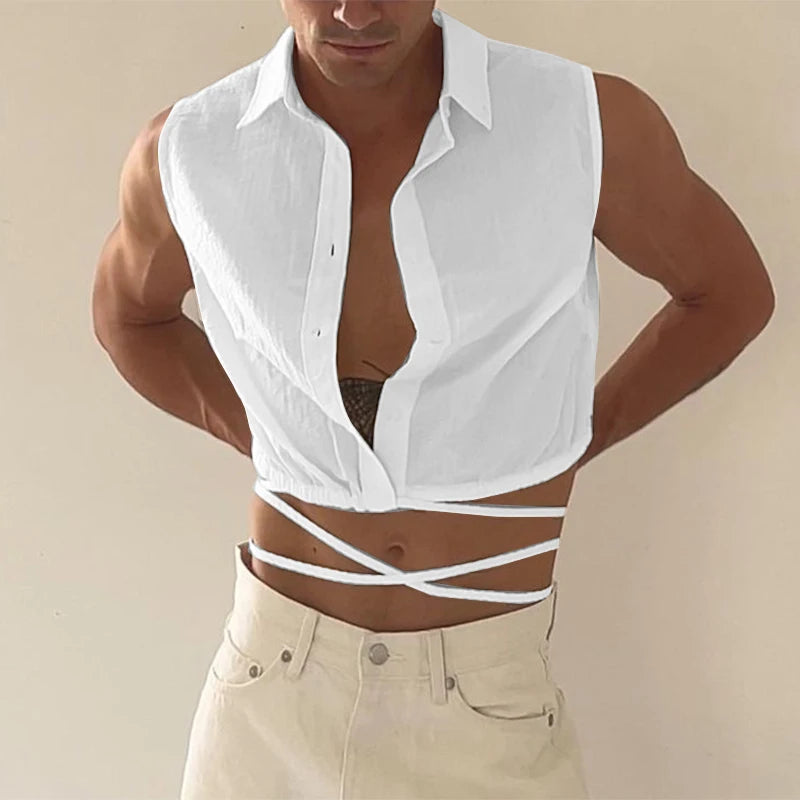 2023 Hommes Chemise Revers Sans Manches Solide Boutonné À Lacets Dos Nu Crop Tops Hommes Streetwear Sexy Mode Camisas S-5XL INCERUN