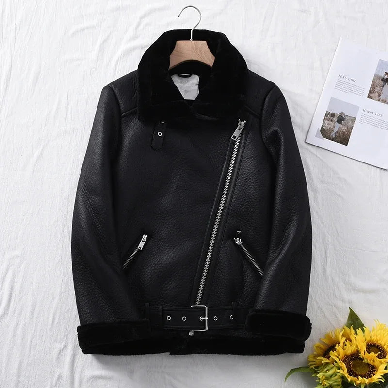 Suninheart Warm Women Faux Fur Jacket with Belt Streetwear Female Moto Biker Loose Thicken Coat Fashion Autumn Winter Outwear