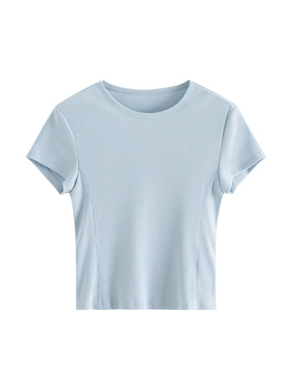 FSLE【5 Colors】Women Knitwear Summer Thin Short Sleeve White Tees U Neck Slim Female Knitted T-Shirts 24FS12633+24FS12634