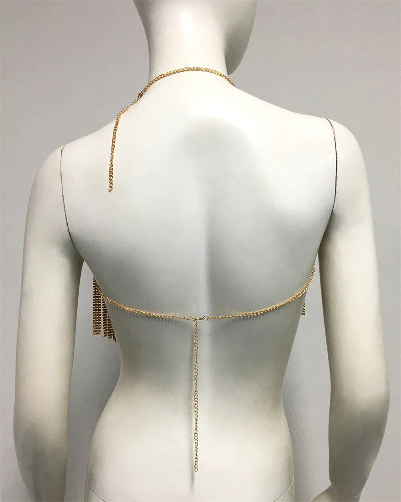 Top corto de fiesta con borlas y lentejuelas metálicas brillantes para mujer, diseño de cuello halter sin espalda, camisetas sin mangas de metal con lentejuelas, ropa de club nocturno