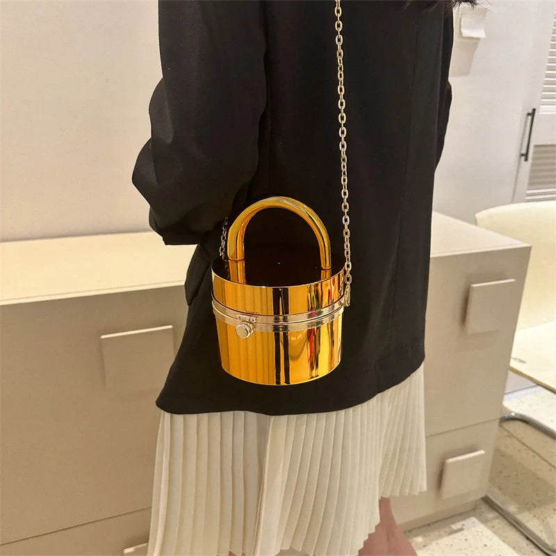 Bolso cilíndrico de acrílico con un solo hombro, bolso de noche de color dorado para mujer, bolso de cadena con forma de caja pequeña