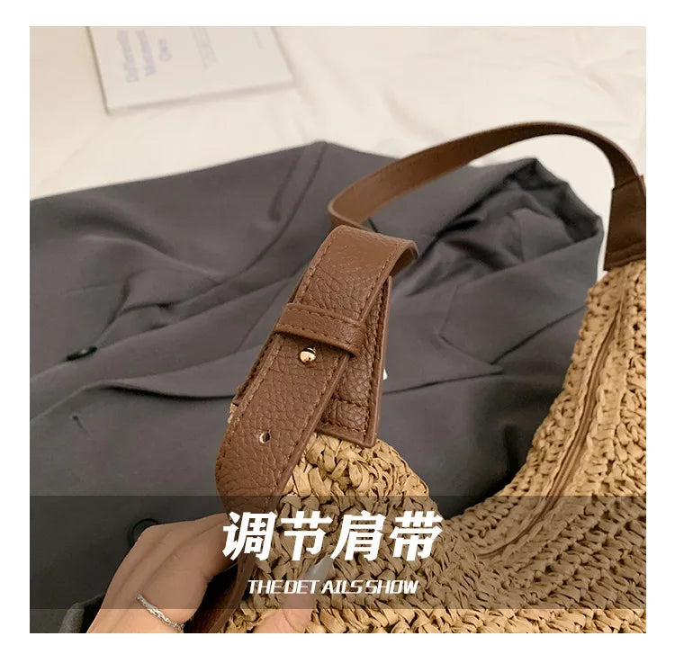 Casual Hobos Straw Women Shoulder Bags Handmade Weave Crossbody Bags Vintage Simple Summer Beach Bag Large Capacity Tote Purses