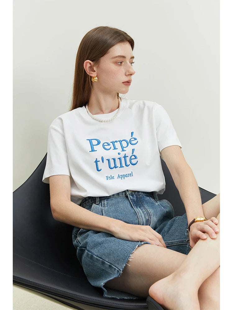 FSLE Simple Style Loose Short-sleeved T-shirt for Women Summer New Round Neck Cool Letter Embroidered All-match Top Female