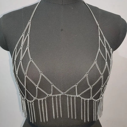 Haut à chaîne de corps brillant pour femmes, détail métallique brillant, bordure à franges, harnais licou, soutien-gorge, chaîne, tenues de fête, hauts