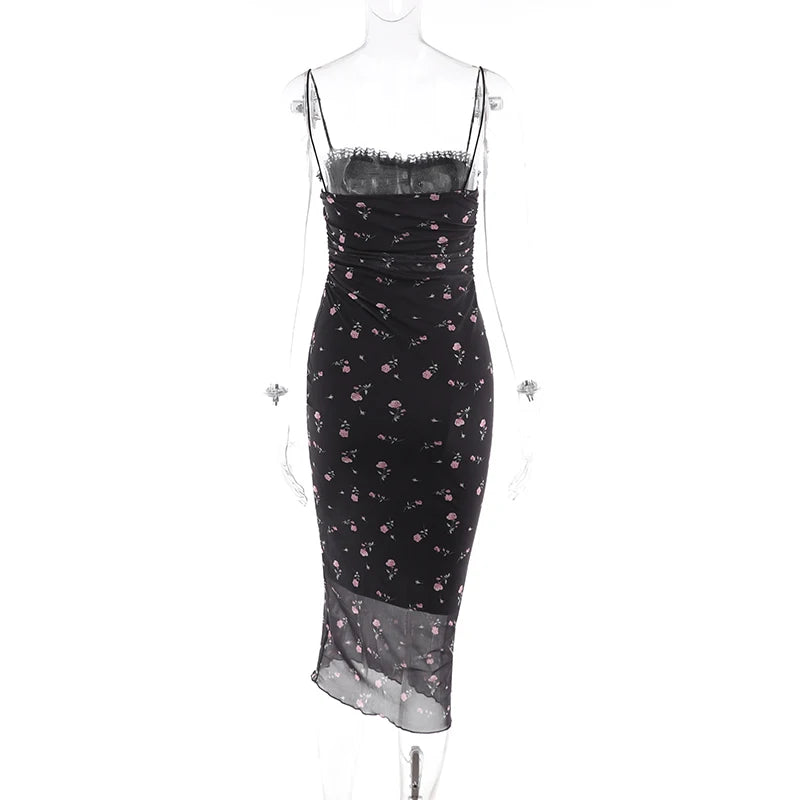 Elegante vestido con estampado de flores y tirantes para mujer, a la moda, con hombros descubiertos y espalda descubierta, vestidos elegantes para fiestas y clubes YJ23300SK