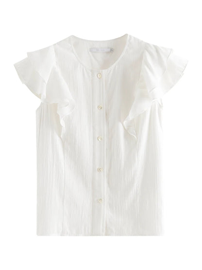 Camisa de manga corta con cuello redondo blanca francesa FSLE para mujer, blusa informal de verano con temperamento blanco para mujer 24FS12151