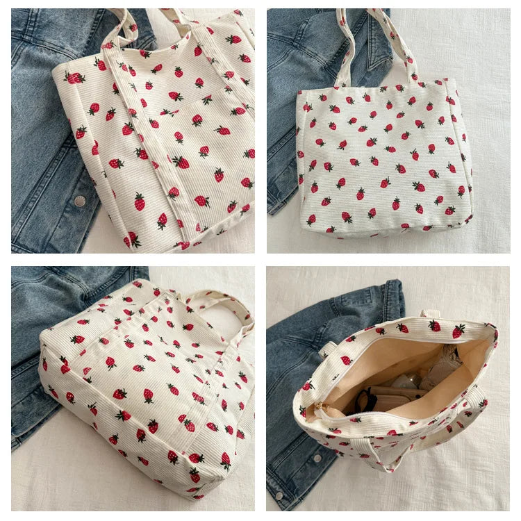 Sac fourre-tout décontracté à motif de fraises, grande capacité, sacs à bandoulière pour femmes, sacs à main chics et simples, grand sac de courses en nylon, sacs à main pour étudiants