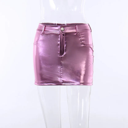 Y2k Pink Metallic Fashion Hot Girls Short Skirt Dummy pocket Slim Fit Bright High Waist Korean Fashion Halfskirt Women Clothing