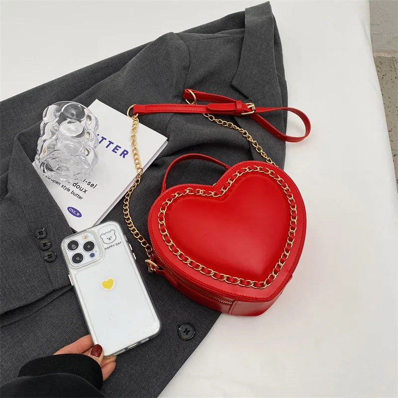 Bolsos y carteras para mujer, bolso de hombro con forma de corazón rojo a la moda, bolso cruzado con cadena para mujer, bolso de mano y cartera para mujer