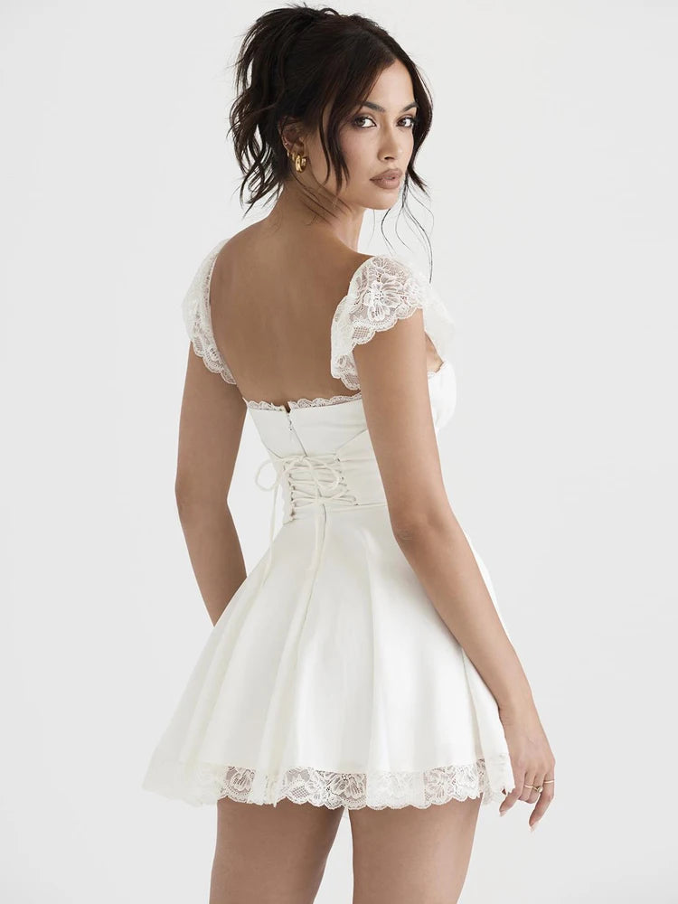 Robe blanche sexy en dentelle courte pour femme, tenue de soirée, de club, de vacances, décontractée, mini, douce, à lacets dans le dos, pour anniversaire, 2022