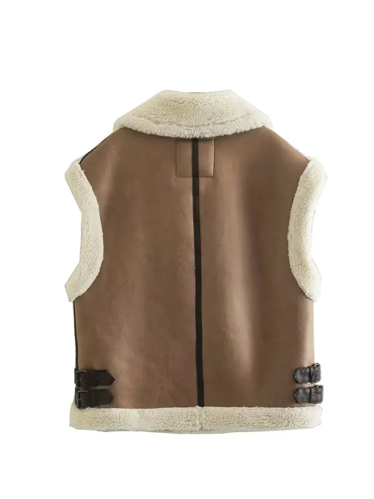 Suninheart Femmes 2022 Automne Fausse Fourrure Gilet Manteau Chaud Vintage Femme Gilets Manteau Nude Fermeture Éclair Veste Sans Manches Nouveau dans Vêtements D'extérieur