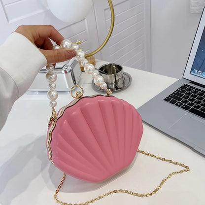 Fashion Shell Design Women Shoulder Bags Pearls Handle Lady Handbags Candy Color Pu Leather Crossbody Bag Small Female Purses