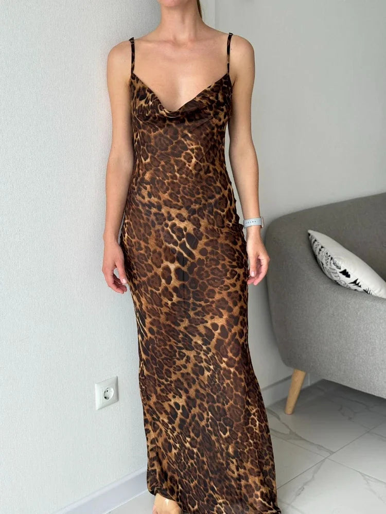 Suninheart Summer Sexy See Through Dress Maxi Backless Leopard  Sheer Beach Dress Lace Up Elegant Floor Length Holiday Dress