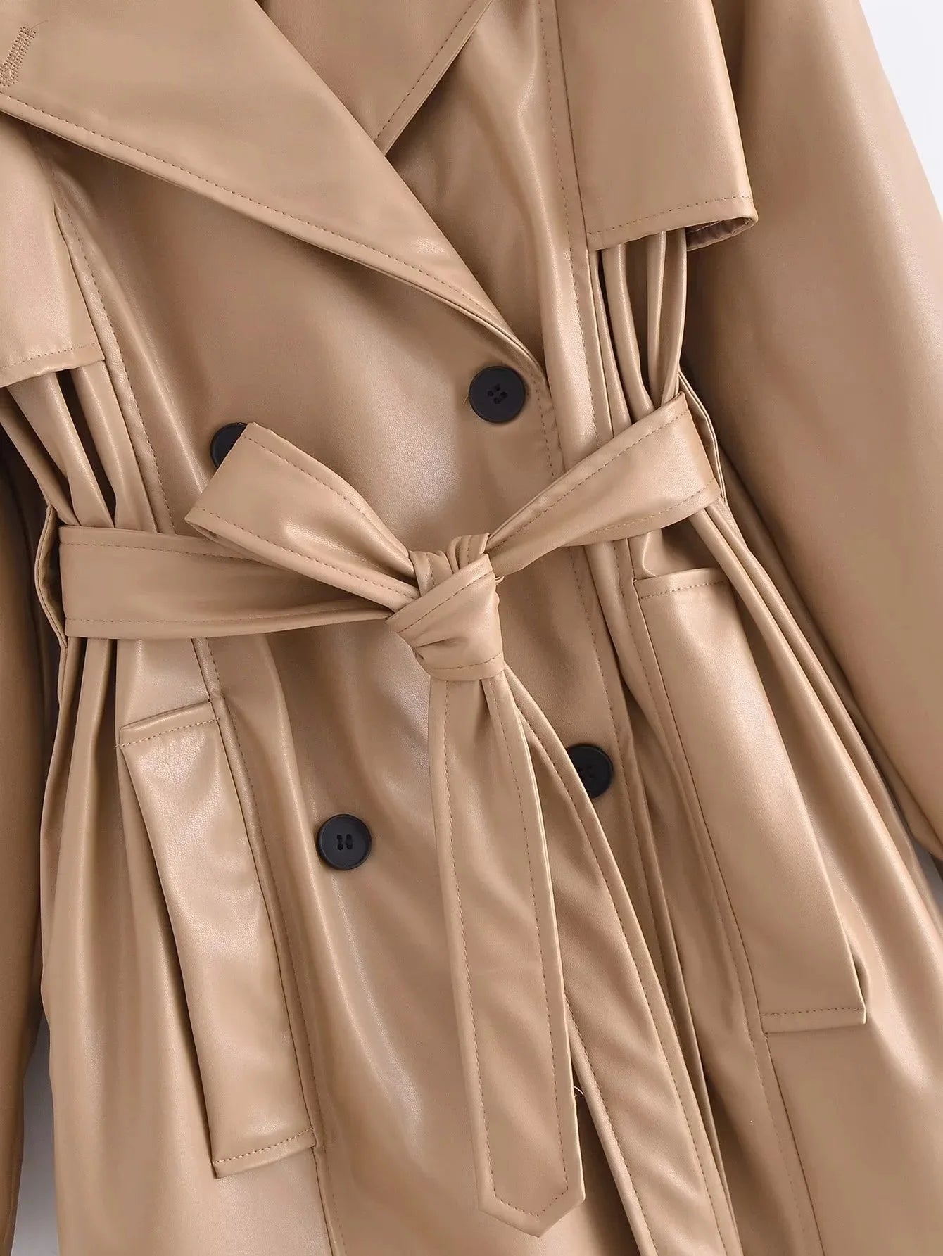 Suninheart Femmes Mode avec Ceinture Faux Cuir Trench Coat 2023 Été Vintage Manches Longues Poches Avant Femme Vêtements D'extérieur Chic