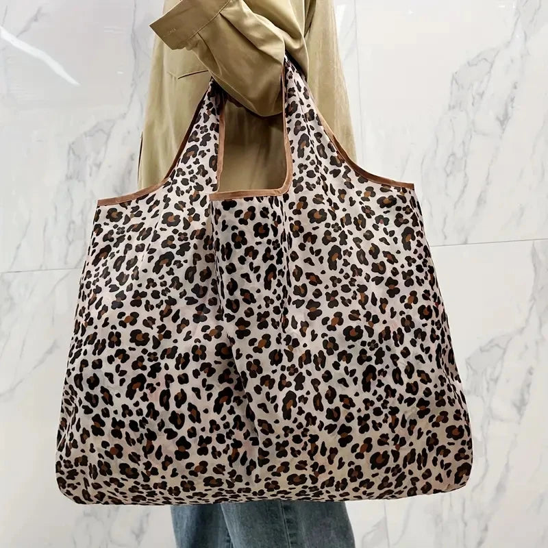 Bolsa de compras con estampado de leopardo de gran capacidad, ecológica, reutilizable, portátil, para viajes