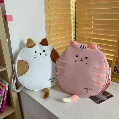 Bolso de hombro escolar kawaii para chicas adolescentes, bolsos cruzados con forma de gato pequeño, bolsos y carteras circulares para mujer, bolso de mano