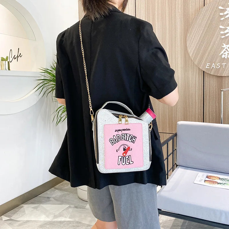 Fashion Personality Laser Sequin Embroidery Letter Oil Pot Bag Creativity Funny Chain Shoulder Bag Women Cute Messenger Bag