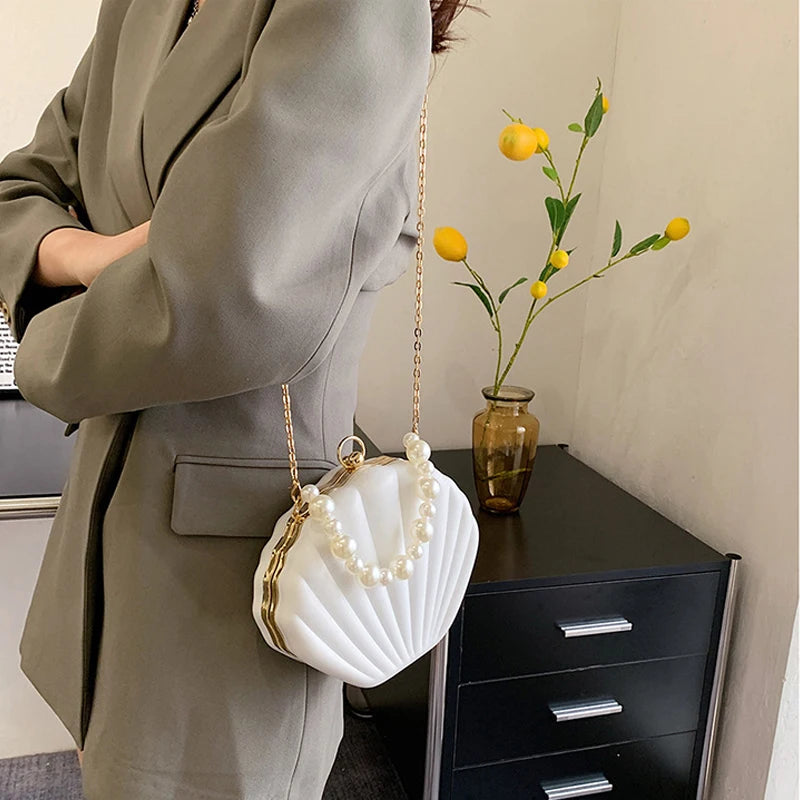 Fashion Shell Design Women Shoulder Bags Pearls Handle Lady Handbags Candy Color Pu Leather Crossbody Bag Small Female Purses