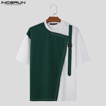 Mode Loisirs Style Hauts INCERUN Hommes Épissage Sac À Dos Boucle Conception T-shirts Beau Mâle Manches Courtes Camiseta S-5XL 2024