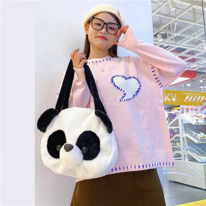 Bolsos de hombro de peluche para adolescentes, diseño kawaii, con forma de cabeza de panda, elegantes y suaves, para compras, portátiles