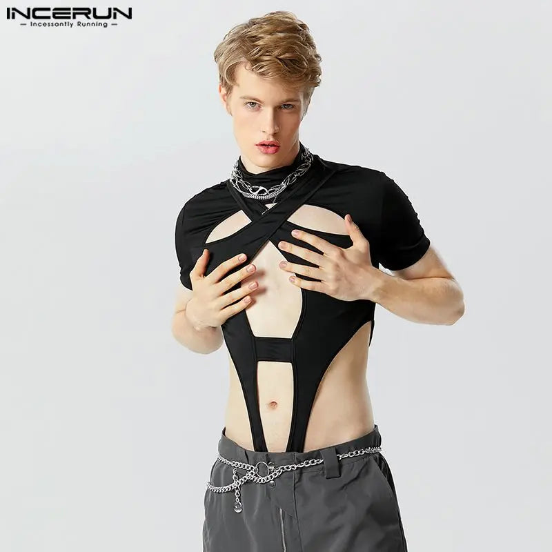 Fashion Men's Homewear Jumpsuits INCERUN 2024 Symmetric Hollow Design Short Sleeve Half High Neck Solid Triangle Bodysuits S-5XL