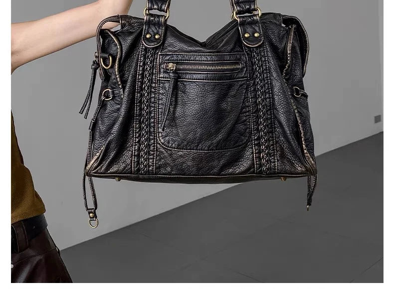 Bolso de mano vintage de gran capacidad para mujer, bolso de mano de piel sintética suave, bolso cruzado de piel lavada estilo retro, bolso punk de calidad 2024