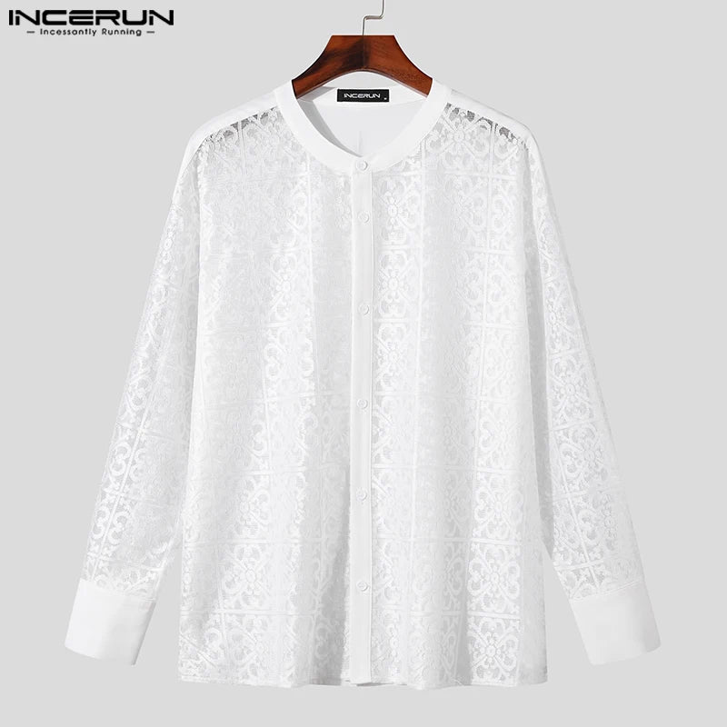 2024 Camisa de hombre de encaje transparente con cuello alto de manga larga ropa de hombre suelta sexy ropa de calle de moda Casual Camisas S-5XL INCERUN