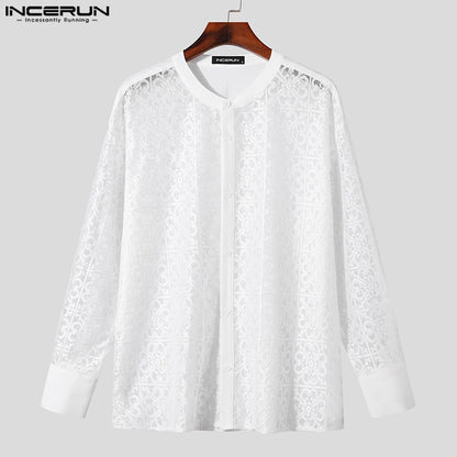 2024 Camisa de hombre de encaje transparente con cuello alto de manga larga ropa de hombre suelta sexy ropa de calle de moda Casual Camisas S-5XL INCERUN