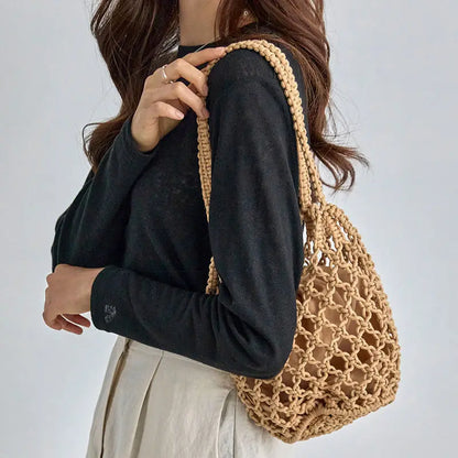 Bolso de playa de verano para mujer, bolso de hombro tipo cubo de punto con cuerda de malla, bolso de viaje con huecos reticulados, bolso de mano de moda para mujer