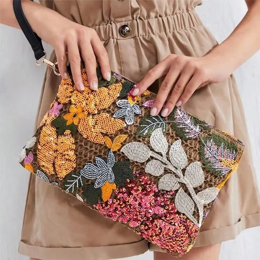 Fashion Embroidered Sequins Clutch Bag for Women Flower Straw Shoulder Crossbody Bags Summer Party Bag Vacation Big Purses 2024