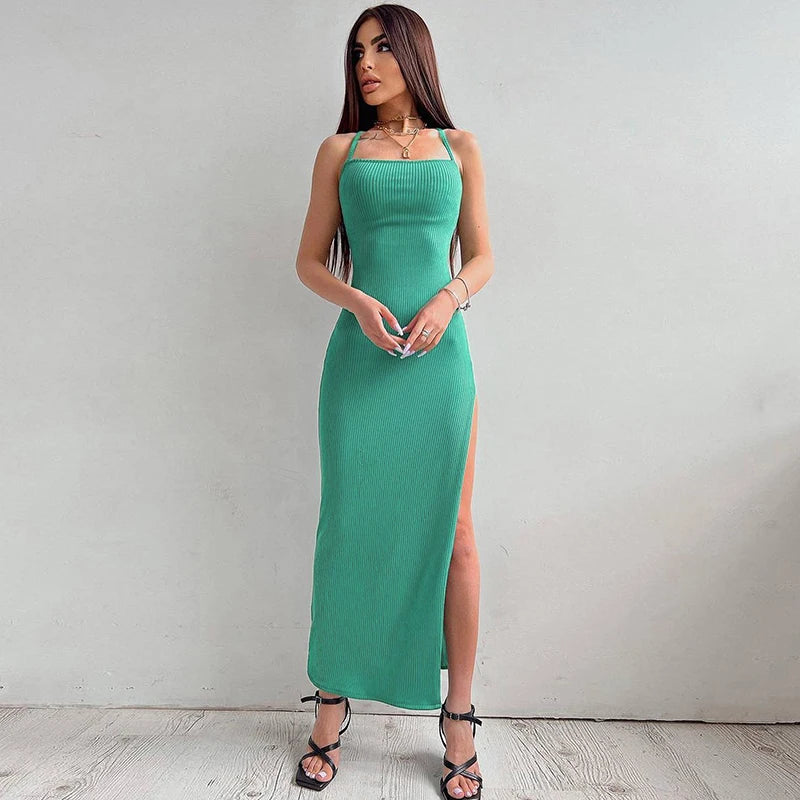 New Women Backless Bandage Bodycon Dress Summer Sexy Halter Neck Split Party Dresses Ladies Casual Solid Long Robe CC22157PF