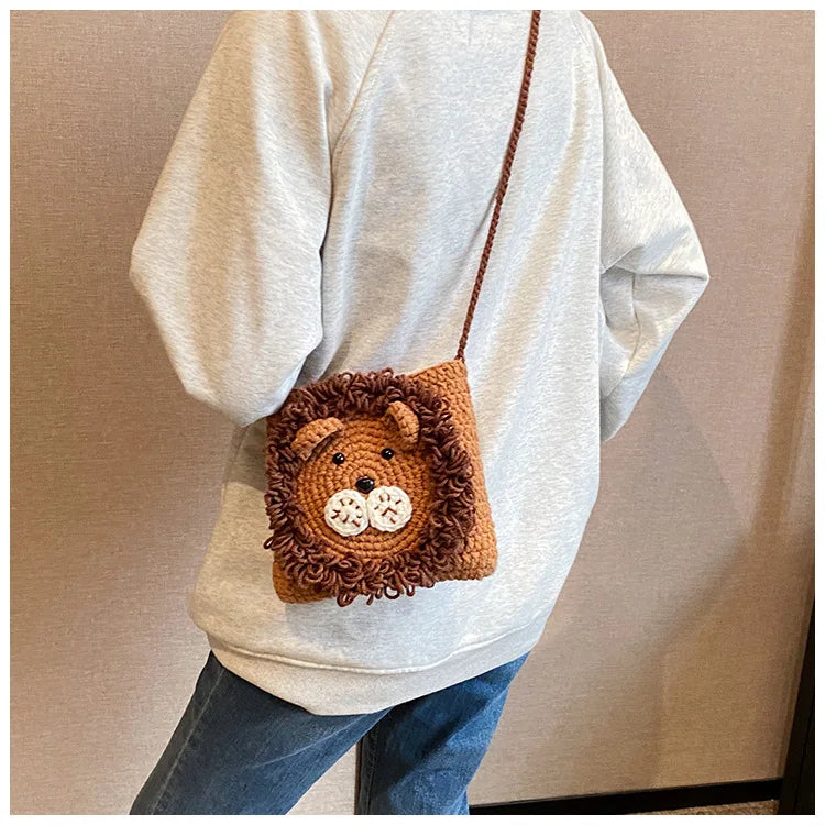 Cute Little Lion Bag For Girls Women's Funny Mobile Phone Coin Purse Winter Knitting Shoulder Crossbody Bag