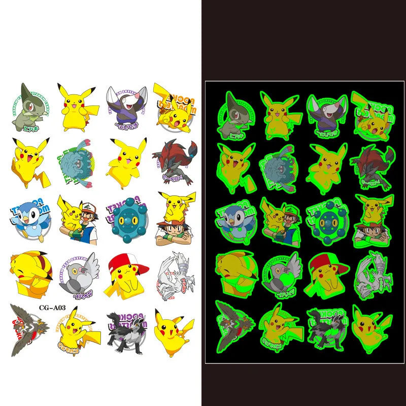 1Pcs/3Pcs/6Pcs Autocollants de tatouage Pokémon Pikachu lumineux non répétitifs Jouets de dessin animé Tatouages ​​temporaires pour enfants Cadeau pour enfants