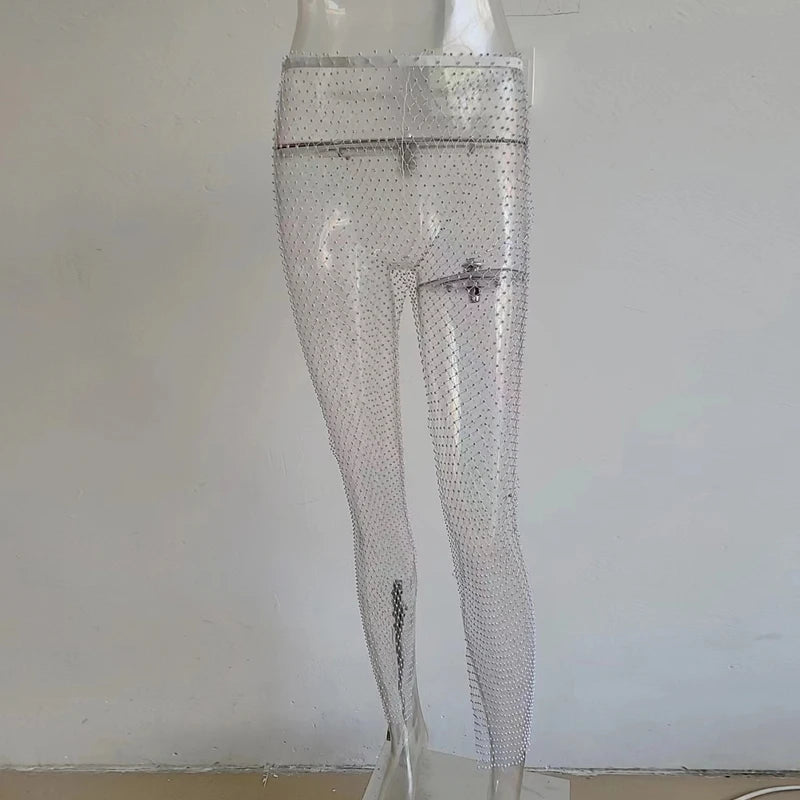 Pantalon en maille de diamant en cristal solide et sexy pour femme, pantalon d'été sexy ajouré transparent et ample en résille, nouveau pantalon de plage 2024