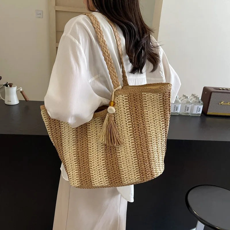 Bolso tejido de paja estilo vacaciones de verano, gran capacidad, versión coreana, tendencia occidental, bolso de hombro, bolso de mano de viaje de moda, diseñador