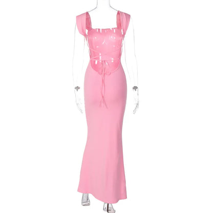 Dulzura Vestido largo rosa sin espalda con cordones para mujer, vestido ajustado sexy con tirantes finos, vestido elegante para fiesta, cumpleaños y noche