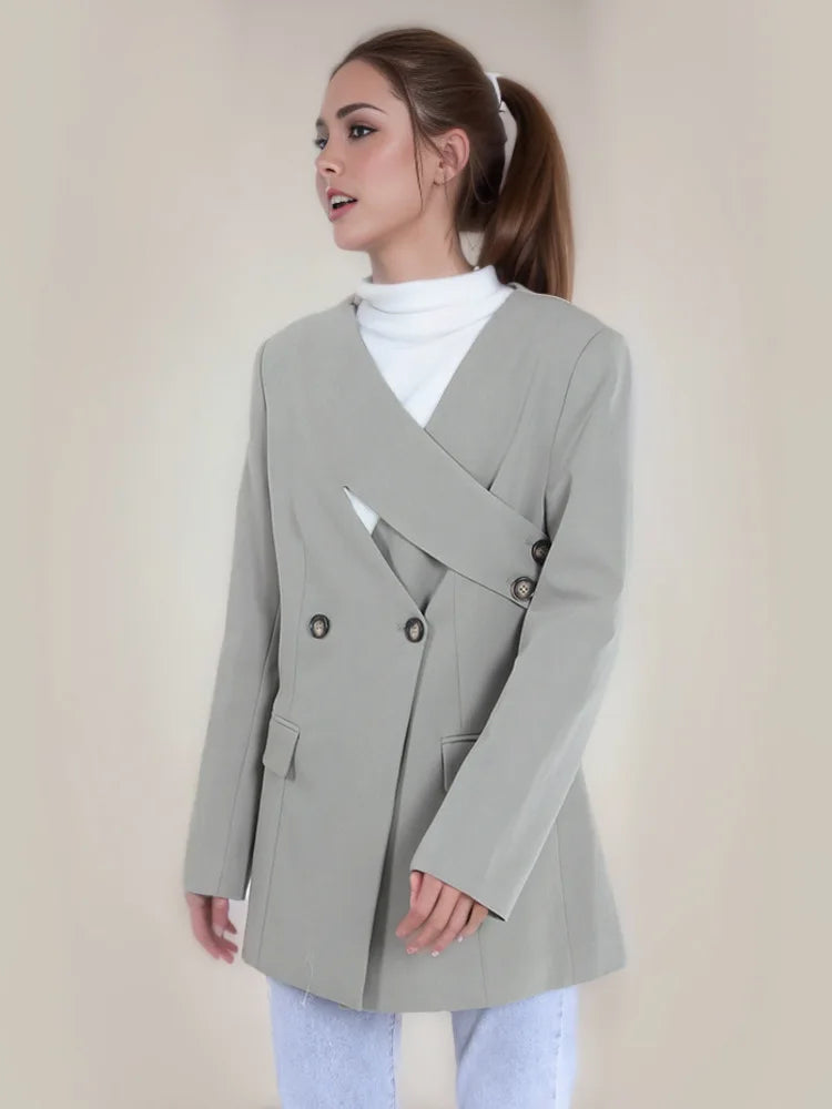 DEAT Fashion Blazer pour femme, col en V, déconstruction, bouton latéral, taille, manches longues, veste de costume grise, printemps 2024, nouvelle tendance CPDB002