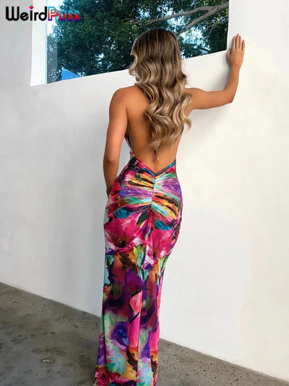 Vestido de mujer con escote halter y espalda descubierta con estampado de flores y escote bajo, transparente, sexy, ajustado, para fiesta en la playa, vacaciones en la playa, color melocotón