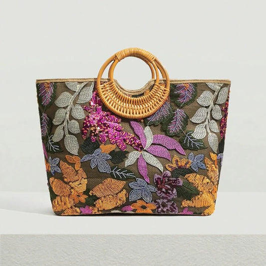 Bolso de mano grande con bordado de lentejuelas y flores a la moda, bolso de mano redondo de ratán para mujer, bolso de playa informal de verano para vacaciones y días festivos