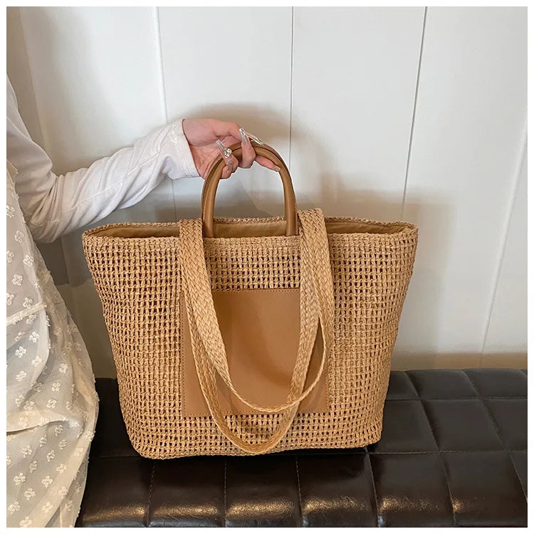 Casual Large Capacity Straw Tote Bag Hollow Paper Weave Women Shoulder Bags Handmade Summer Beach Handbag Big Bali Shopper Purse