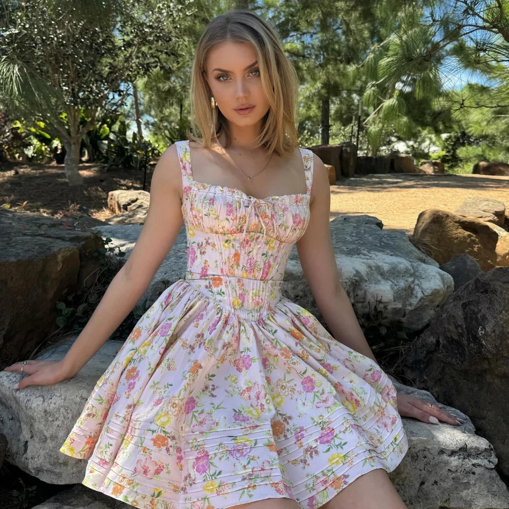 Suninheart Summer Elegant Party Dresses 2024 New Arrival Floral Print A Line Birthday Dresses Casual Mini Graduation Dress Women