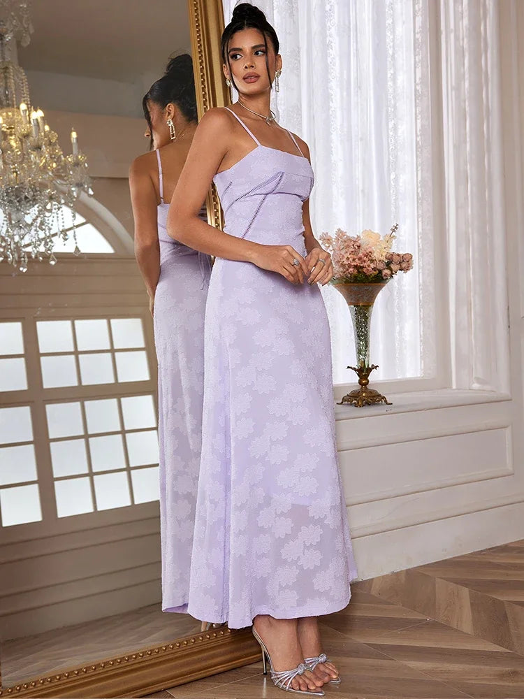 Dropshipping Nuevo vestido largo elegante de verano 2024, recién llegado, vestido morado con tirantes finos para invitados de boda, vestidos de fiesta con cordones