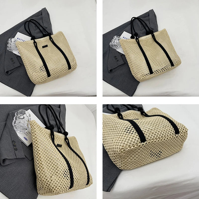 Casual Hollow Out Large Capacity Straw Tote Bag Weave Women Shoulder Bags Handmade Summer Beach Handbags Big Shopper Purses 2024