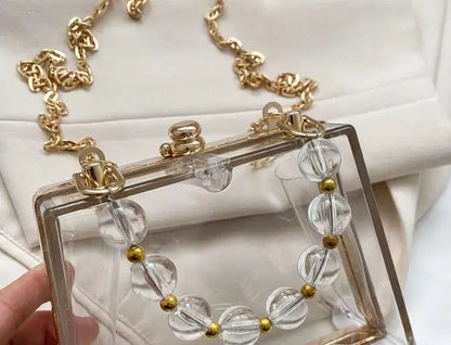 Summer Transparent Box Bag Female Small Pearl Handle Clear Shoulder Bag Chain Acrylic Dinner Bag